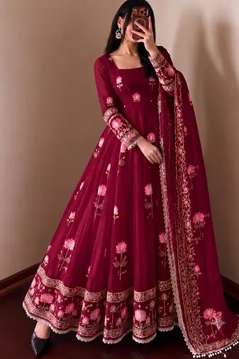 Women's red ethnic lotus floral thread work anarkali gown with straight pants & embroidered border dupatta