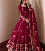 Women's red ethnic lotus floral thread work anarkali gown with straight pants & embroidered border dupatta