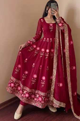 Women's red ethnic lotus floral thread work anarkali gown with straight pants & embroidered border dupatta