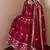 Women's red ethnic lotus floral thread work anarkali gown with straight pants & embroidered border dupatta