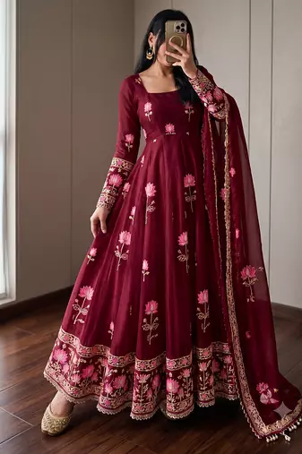 Women's red ethnic lotus floral thread work anarkali gown with straight pants & embroidered border dupatta