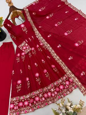 Women's red ethnic lotus floral thread work anarkali gown with straight pants & embroidered border dupatta 4