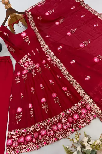 Women's red ethnic lotus floral thread work anarkali gown with straight pants & embroidered border dupatta