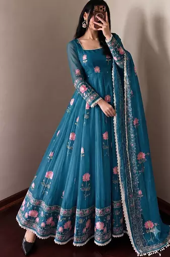 Women's teal ethnic lotus floral thread work anarkali gown with straight pants & embroidered border dupatta