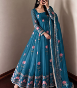 Women's teal ethnic lotus floral thread work anarkali gown with straight pants & embroidered border dupatta