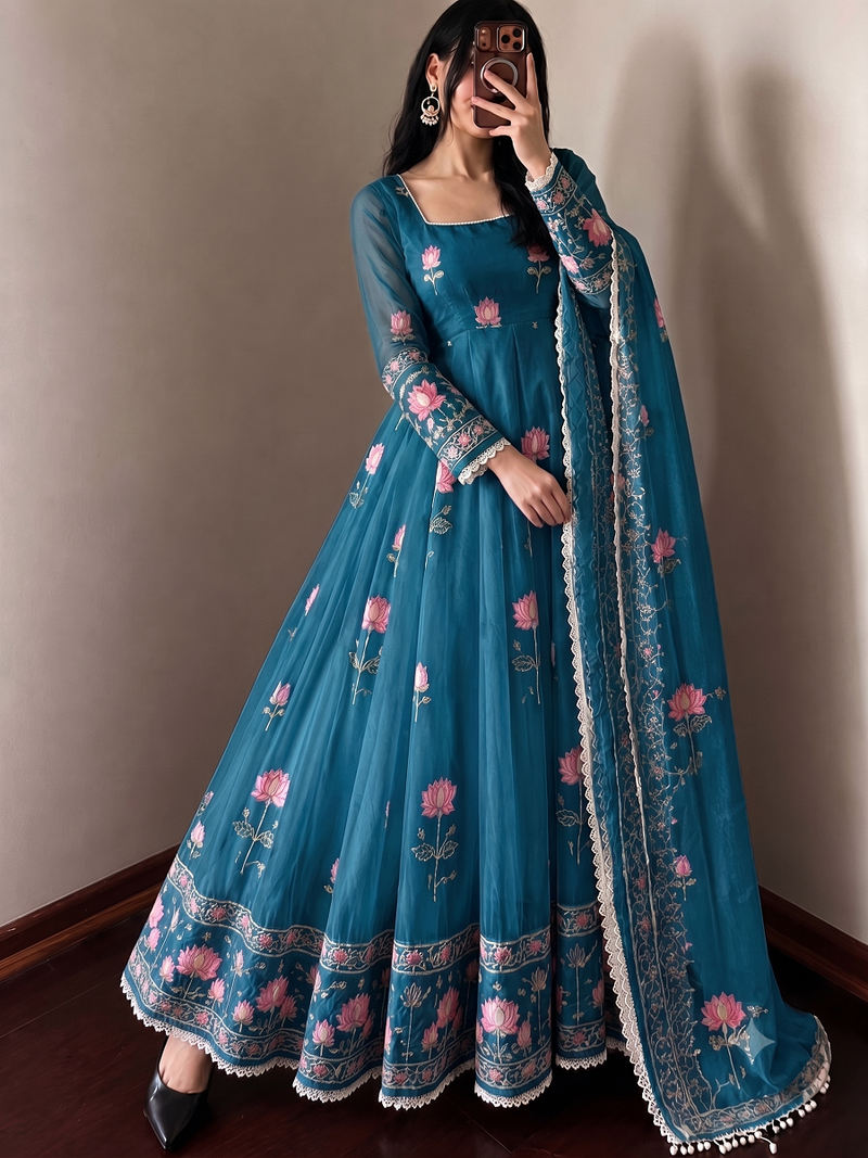 Women's teal ethnic lotus floral thread work anarkali gown with straight pants & embroidered border dupatta