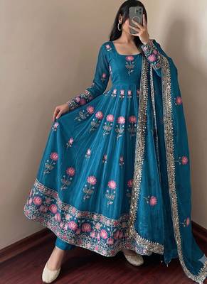 Women's teal ethnic lotus floral thread work anarkali gown with straight pants & embroidered border dupatta 2