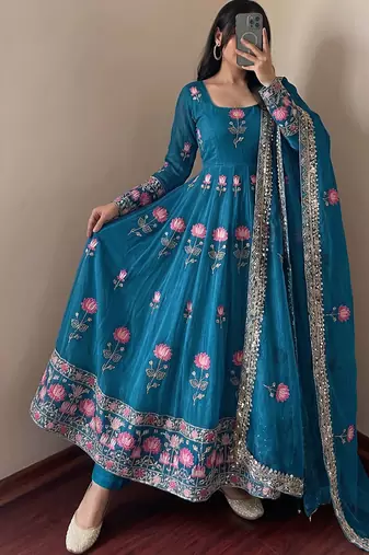 Women's teal ethnic lotus floral thread work anarkali gown with straight pants & embroidered border dupatta