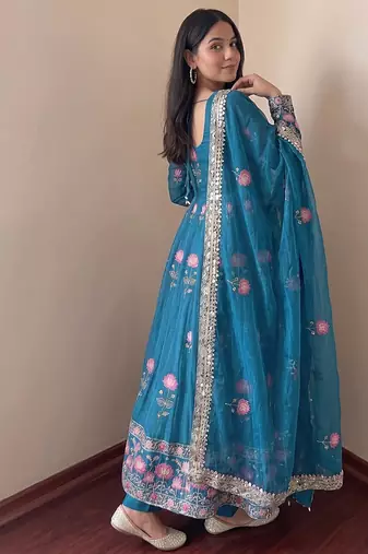 Women's teal ethnic lotus floral thread work anarkali gown with straight pants & embroidered border dupatta