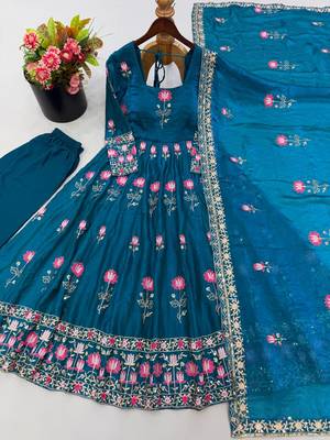 Women's teal ethnic lotus floral thread work anarkali gown with straight pants & embroidered border dupatta 4