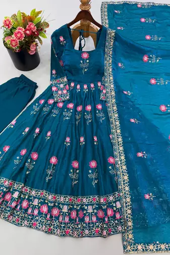 Women's teal ethnic lotus floral thread work anarkali gown with straight pants & embroidered border dupatta