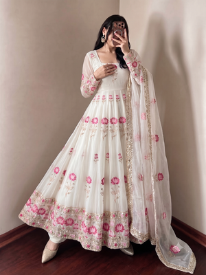 Women's off-white ethnic lotus floral thread work anarkali gown with straight pants & embroidered border dupatta 1
