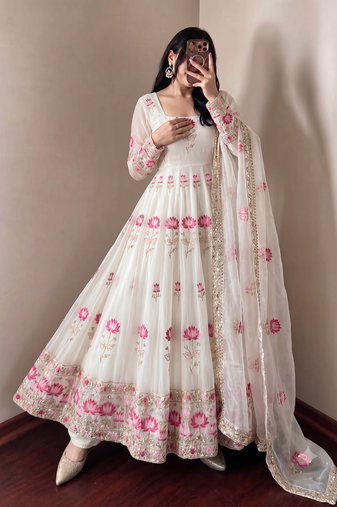 Women's off-white ethnic lotus floral thread work anarkali gown with straight pants & embroidered border dupatta