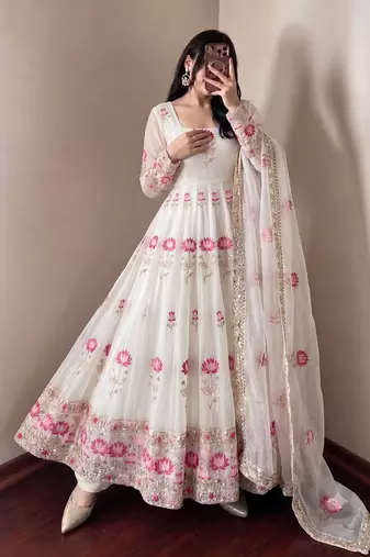 Women's off-white ethnic lotus floral thread work anarkali gown with straight pants & embroidered border dupatta