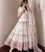 Women's off-white ethnic lotus floral thread work anarkali gown with straight pants & embroidered border dupatta