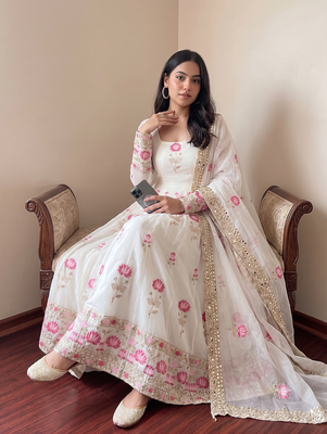 Women's off-white ethnic lotus floral thread work anarkali gown with straight pants & embroidered border dupatta 2