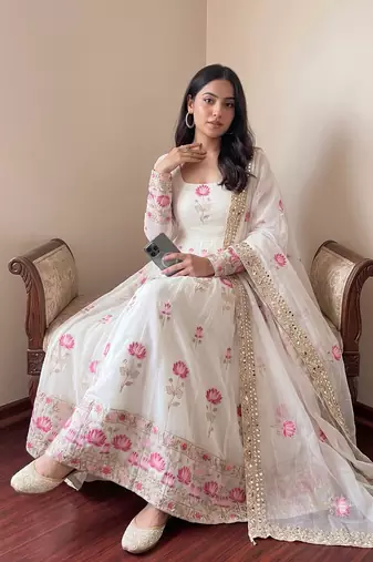Women's off-white ethnic lotus floral thread work anarkali gown with straight pants & embroidered border dupatta