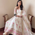 Women's off-white ethnic lotus floral thread work anarkali gown with straight pants & embroidered border dupatta