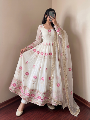 Women's off-white ethnic lotus floral thread work anarkali gown with straight pants & embroidered border dupatta 3