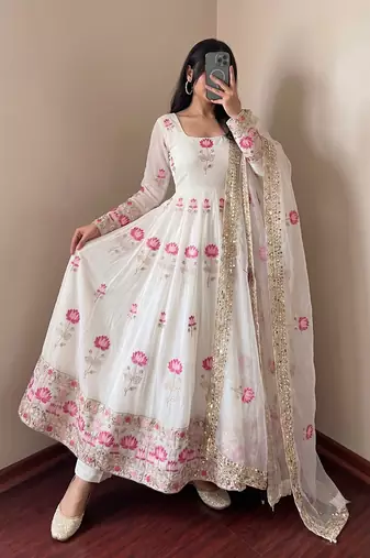 Women's off-white ethnic lotus floral thread work anarkali gown with straight pants & embroidered border dupatta
