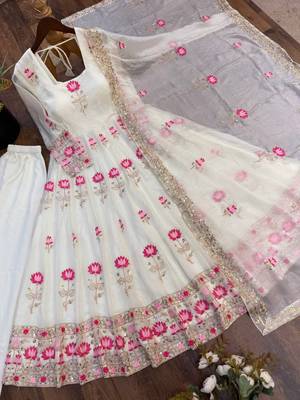Women's off-white ethnic lotus floral thread work anarkali gown with straight pants & embroidered border dupatta 4