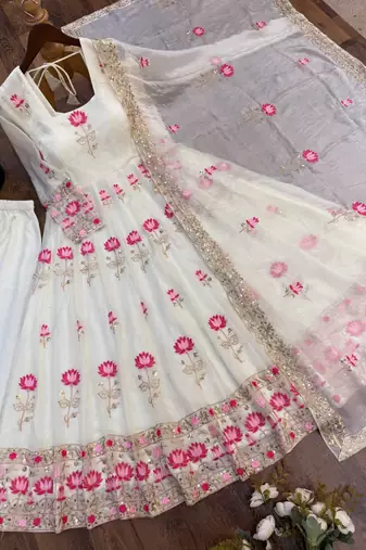 Women's off-white ethnic lotus floral thread work anarkali gown with straight pants & embroidered border dupatta