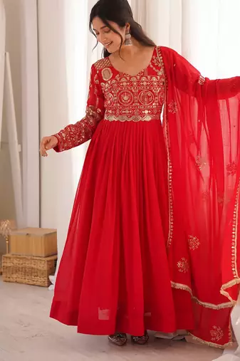 Designer red flared anarkali suit set for women
