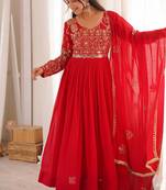 Designer red flared anarkali suit set for women