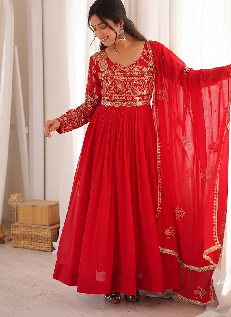 Designer red flared anarkali suit set for women