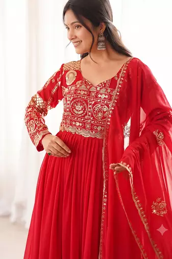 Designer red flared anarkali suit set for women