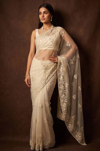 White embroidered net saree