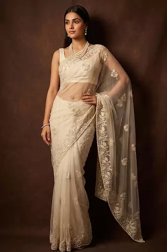 White embroidered net saree