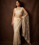 White embroidered net saree
