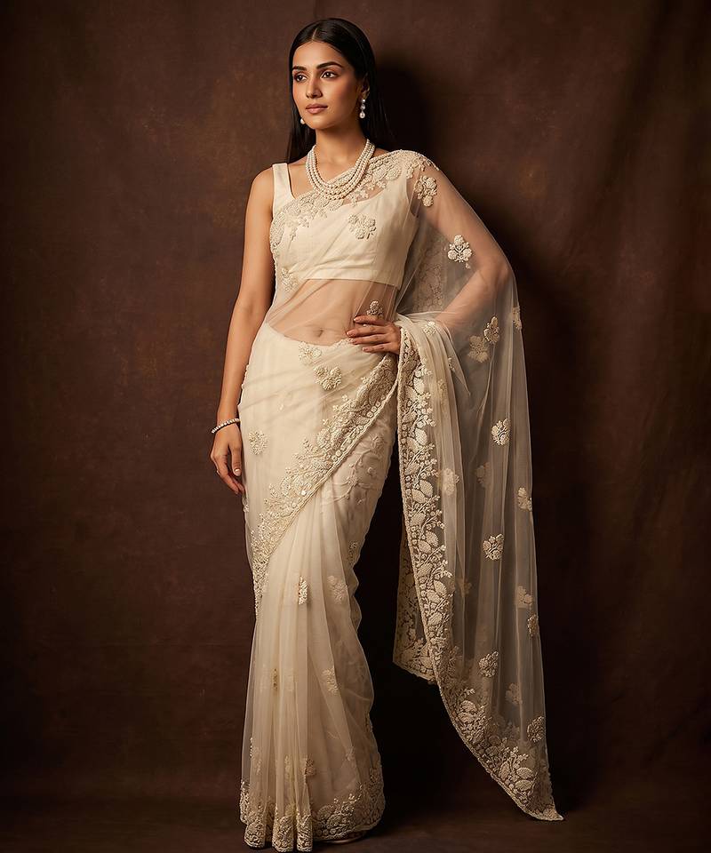 White embroidered net saree