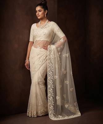 White embroidered net saree 2