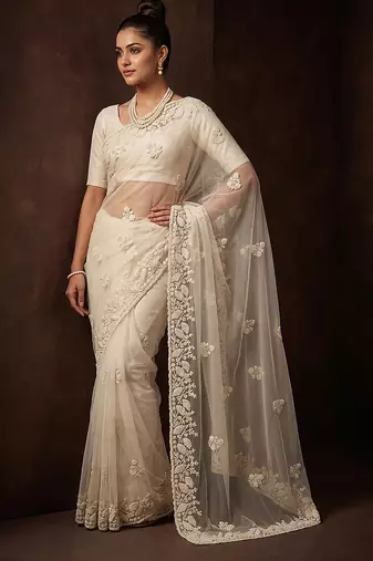 White embroidered net saree