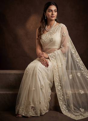 White embroidered net saree 3