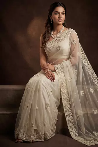White embroidered net saree