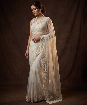 White embroidered net saree 4