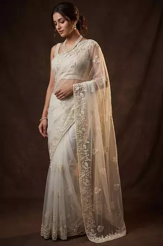 White embroidered net saree
