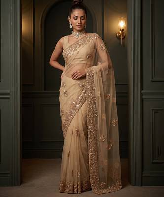 Beige embroidered net saree 1