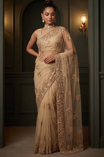Beige embroidered net saree