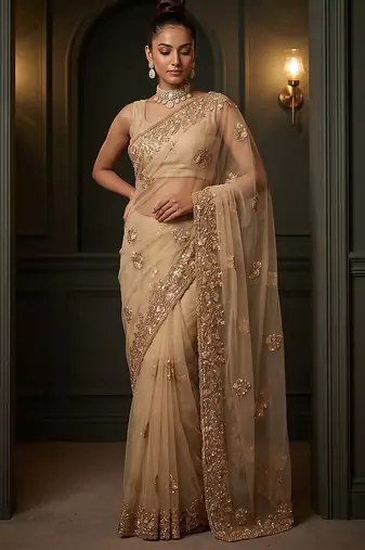 Beige embroidered net saree