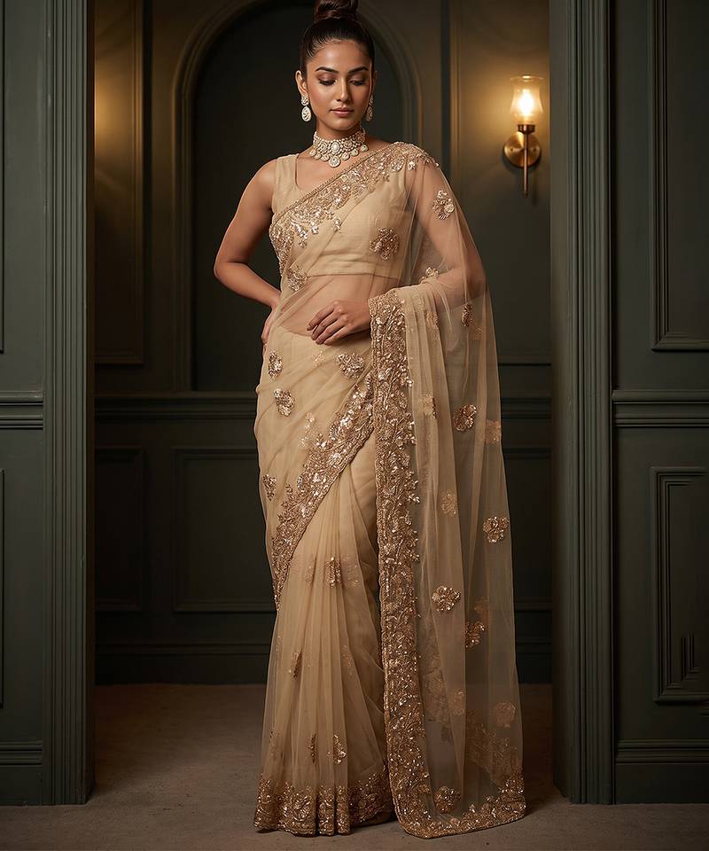 Beige embroidered net saree