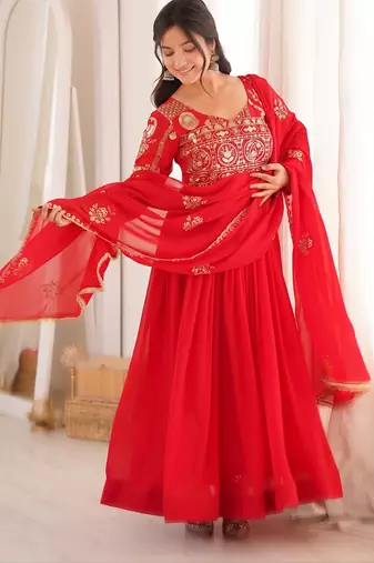Designer red flared anarkali suit set for women