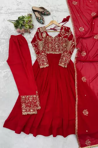 Designer red flared anarkali suit set for women