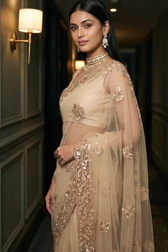 Beige embroidered net saree