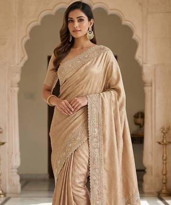 Champagne gold embroidered viscose saree 1