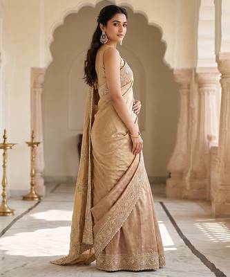 Champagne gold embroidered viscose saree 2