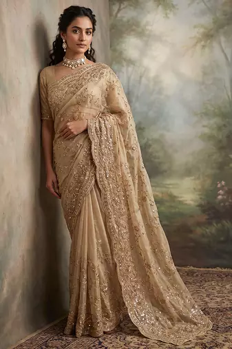 Champagne gold embroidered galaxy soft net saree